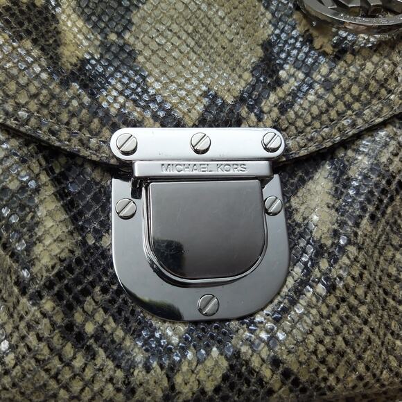 Michael Kors Gray Leather Python Embossed Pushlock Drawstring Satchel Bag - Picture 5 of 16